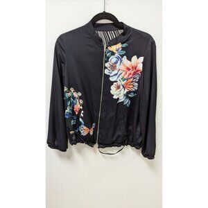Black Floral Striped Reversible Bomber Jacket